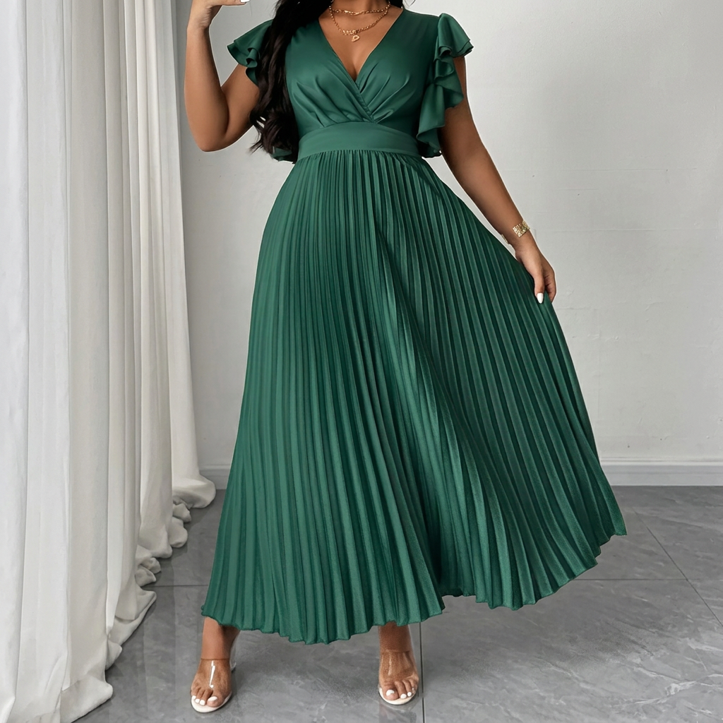 Women's Wrap Maxi Dress with Pleated Skirt and Ruffle Sleeves