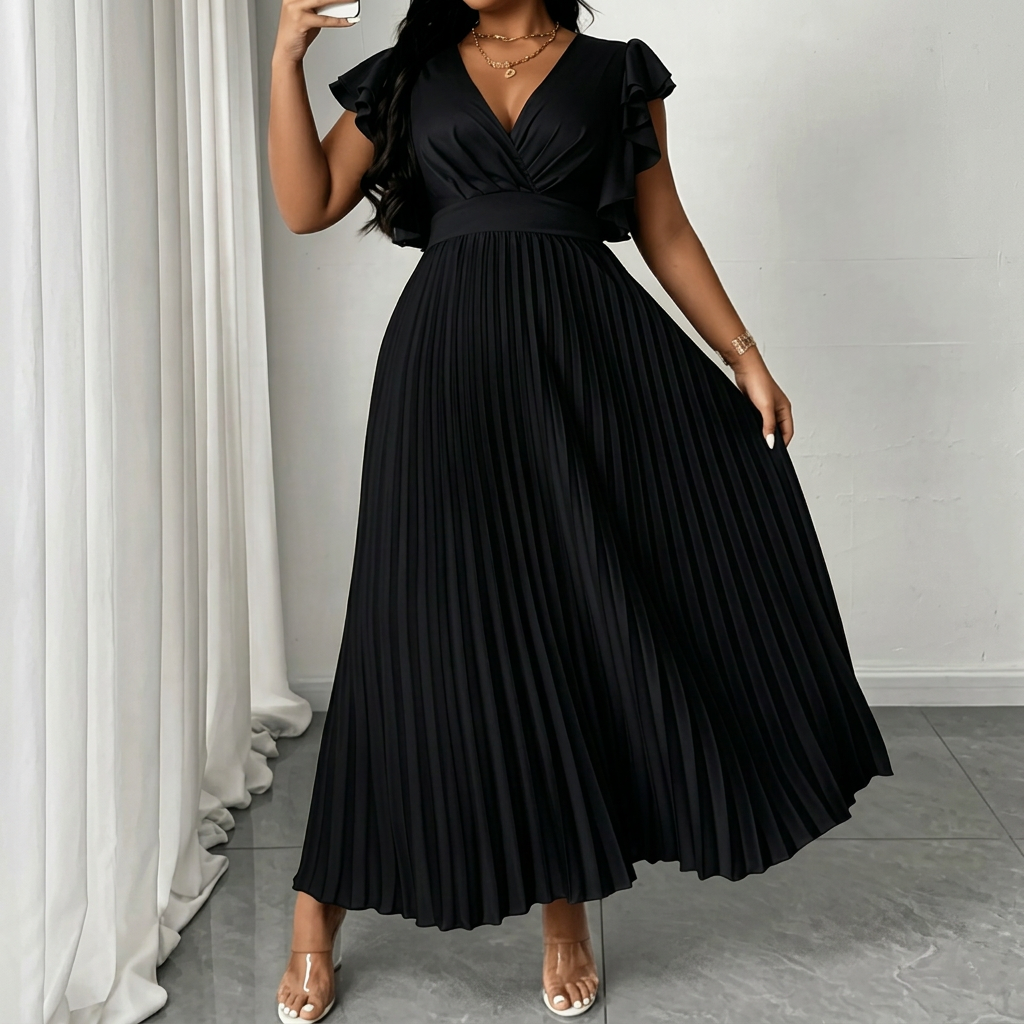 Women's Wrap Maxi Dress with Pleated Skirt and Ruffle Sleeves