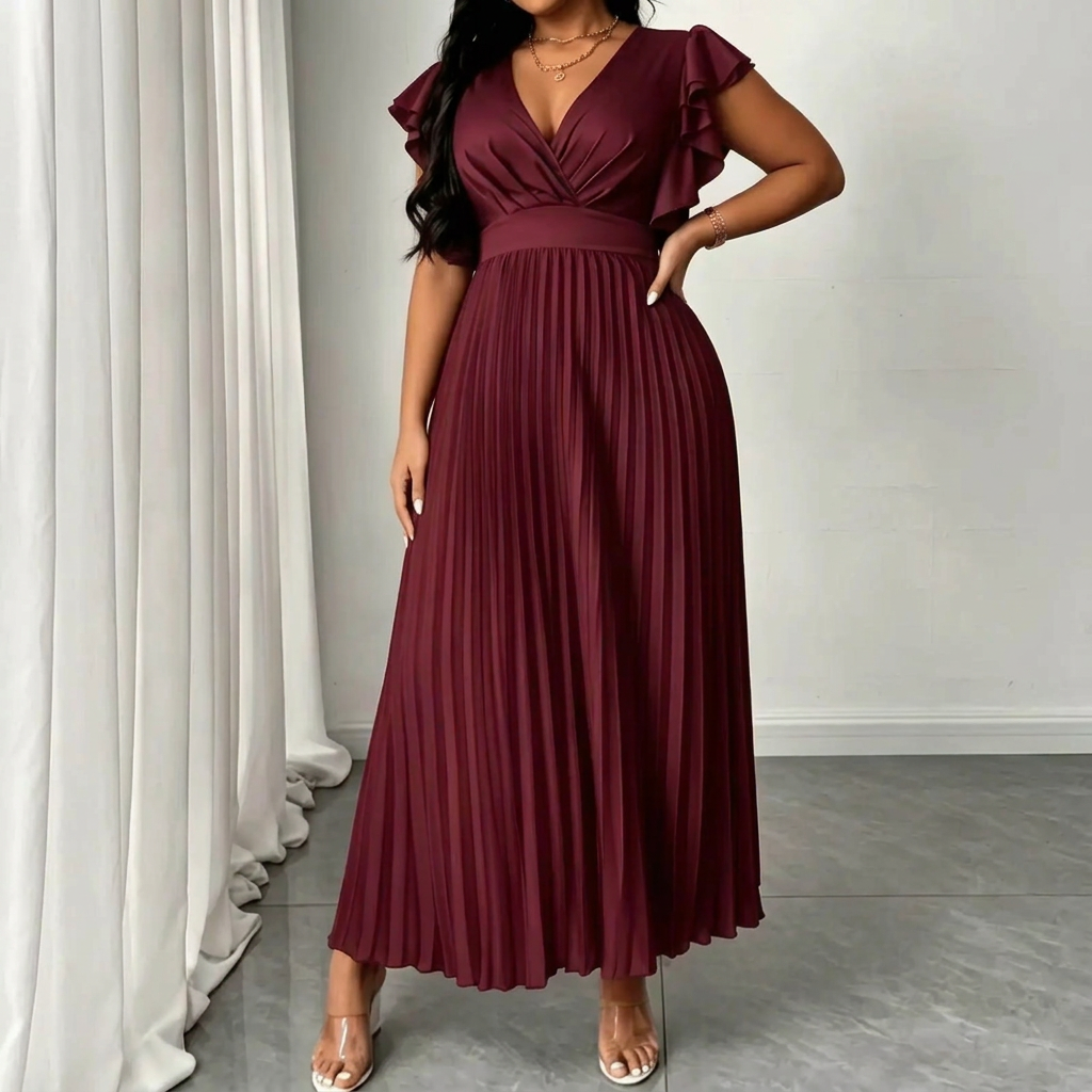 Women's Wrap Maxi Dress with Pleated Skirt and Ruffle Sleeves