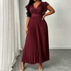 Women's Wrap Maxi Dress with Pleated Skirt and Ruffle Sleeves