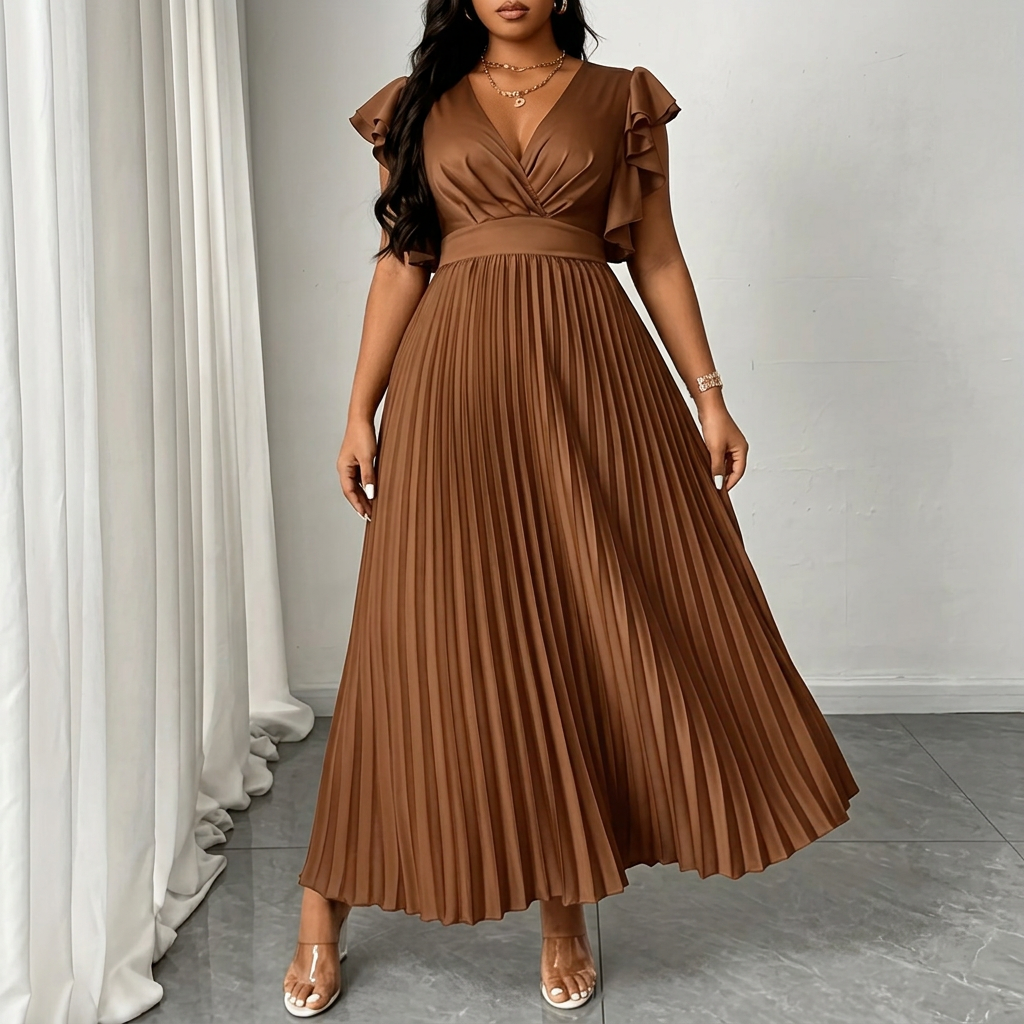 Women's Wrap Maxi Dress with Pleated Skirt and Ruffle Sleeves