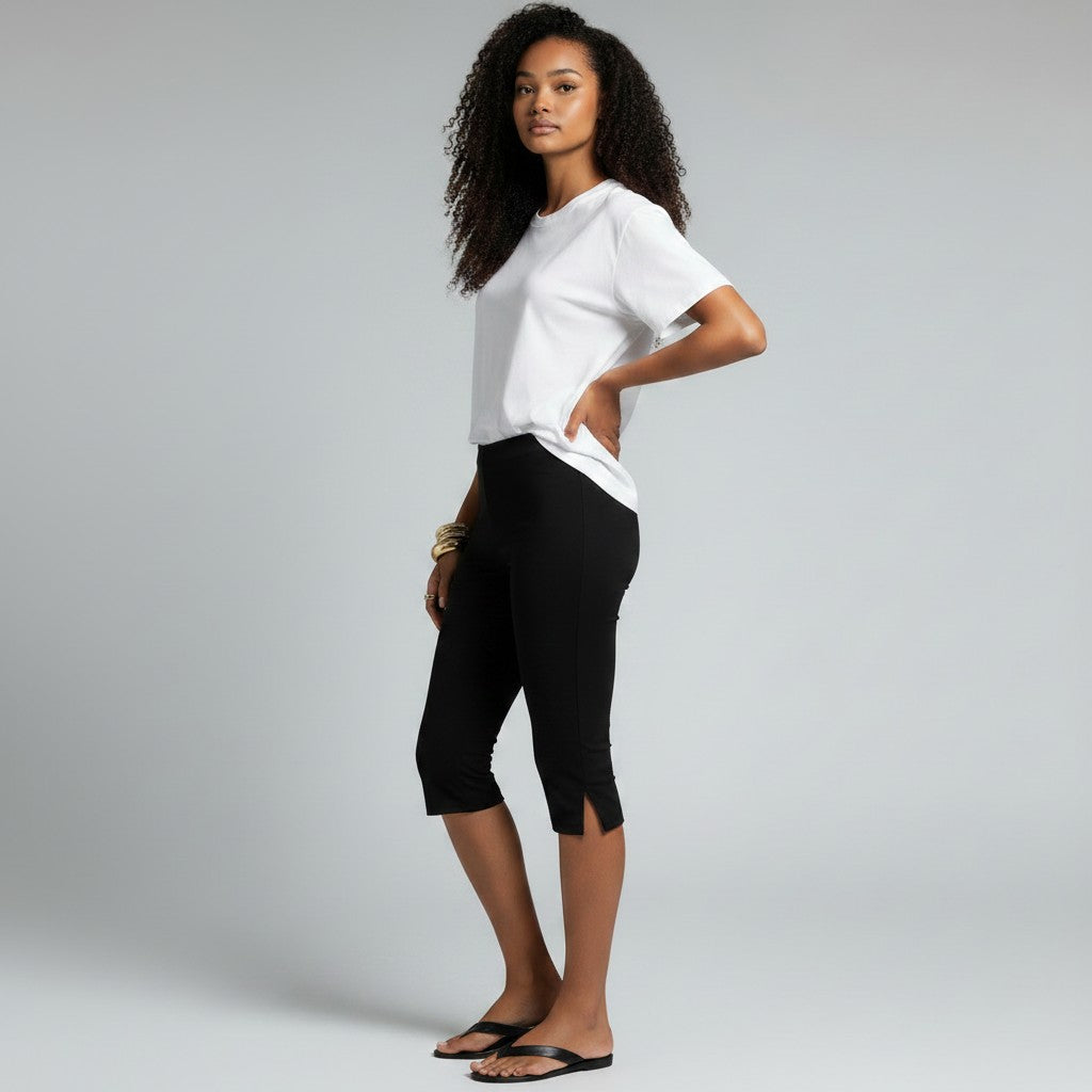 Women's Knee-Length Trousers with Side Split - High Waist