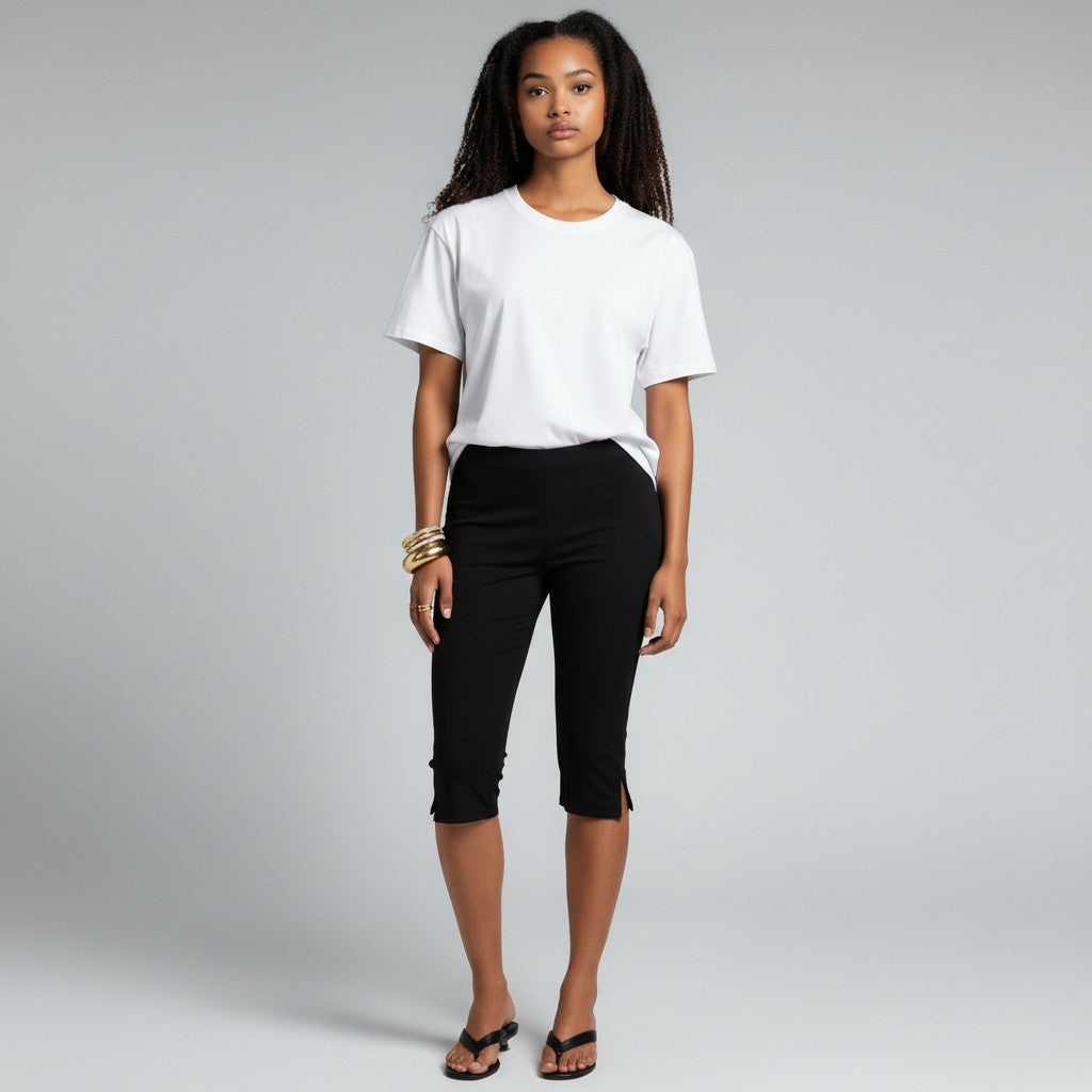 Women's Knee-Length Trousers with Side Split - High Waist