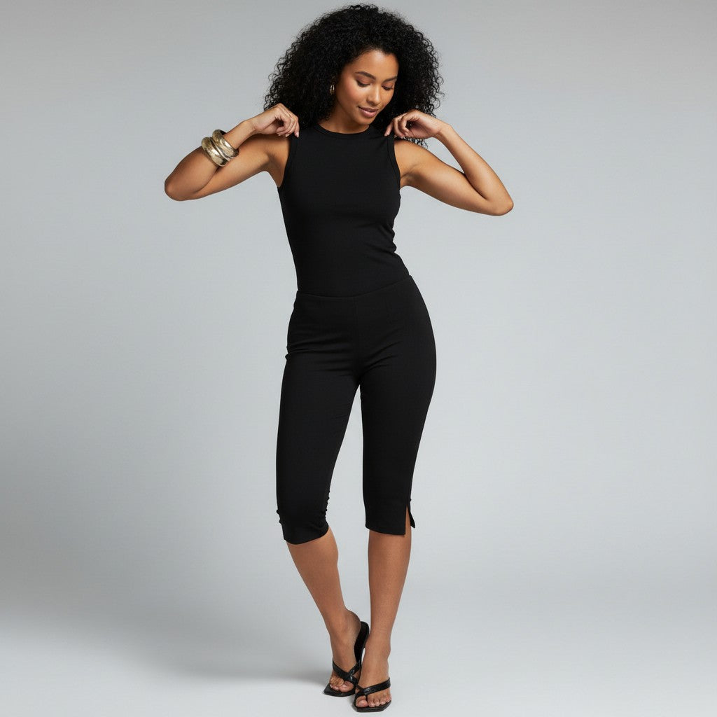 Women's Knee-Length Trousers with Side Split - High Waist