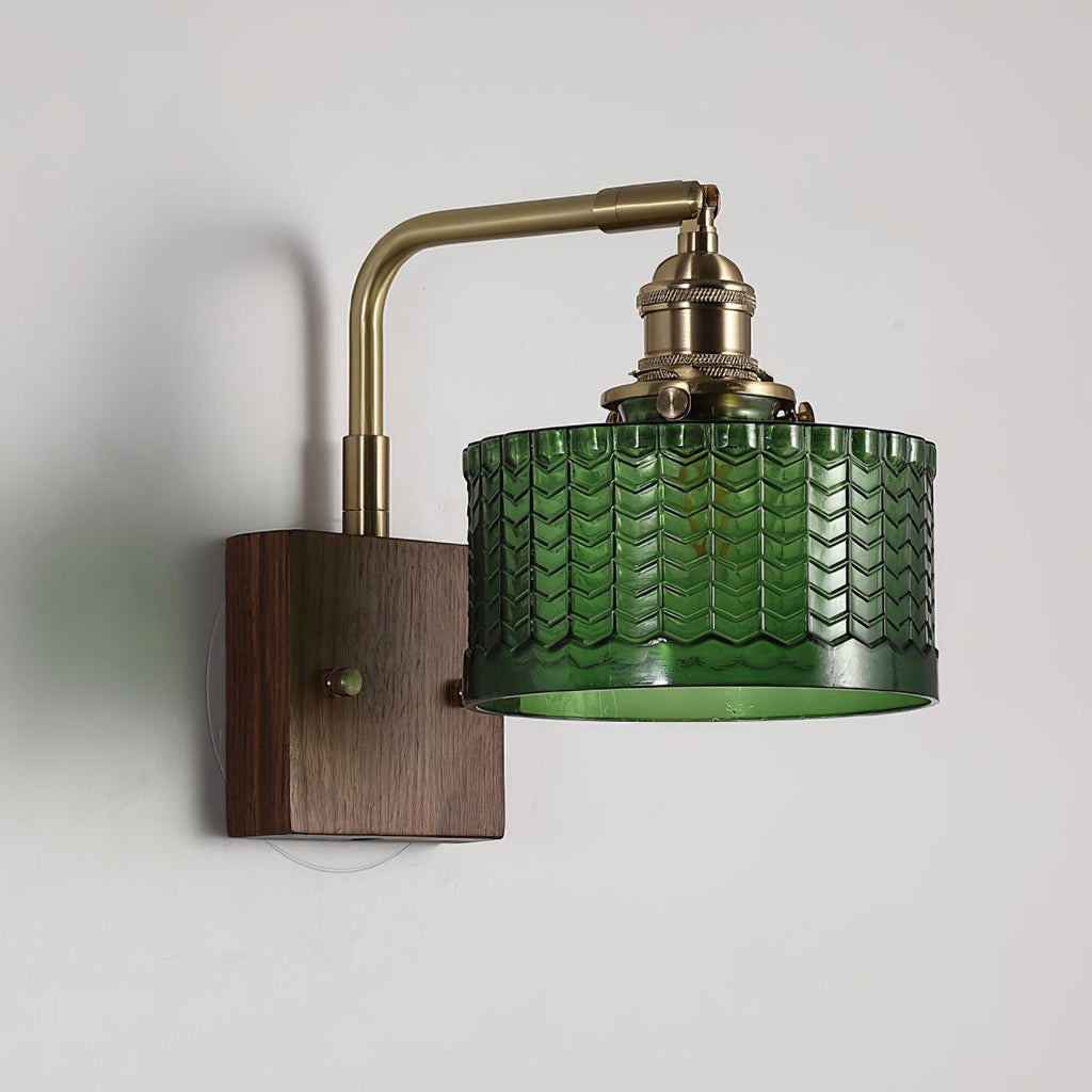 Elegant Green Wall Lamp with Wooden Base & Glass Shade