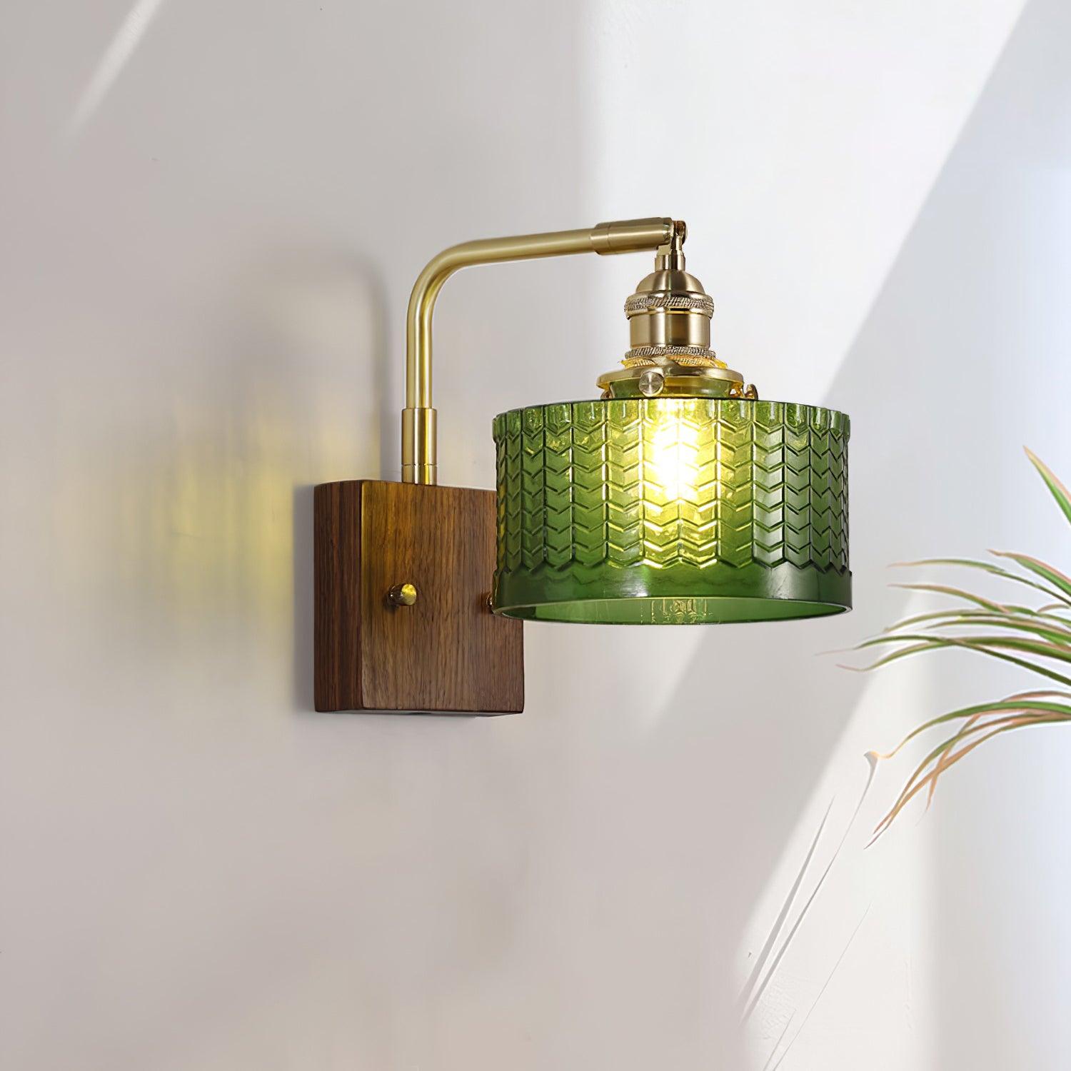 Elegant Green Wall Lamp with Wooden Base & Glass Shade