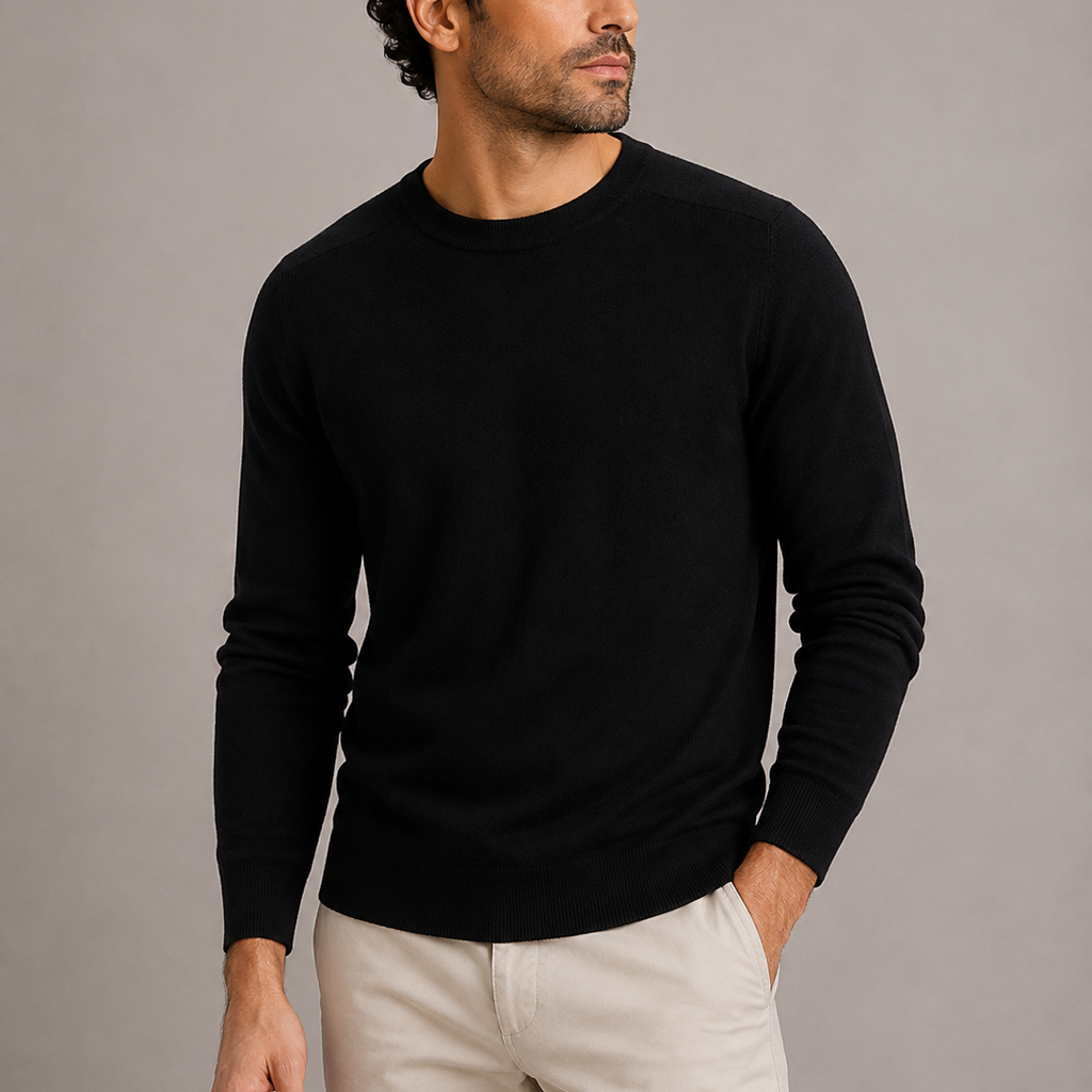 Men's Crew Neck Fine Knit Sweater - Ribbed Cuffs Jumper