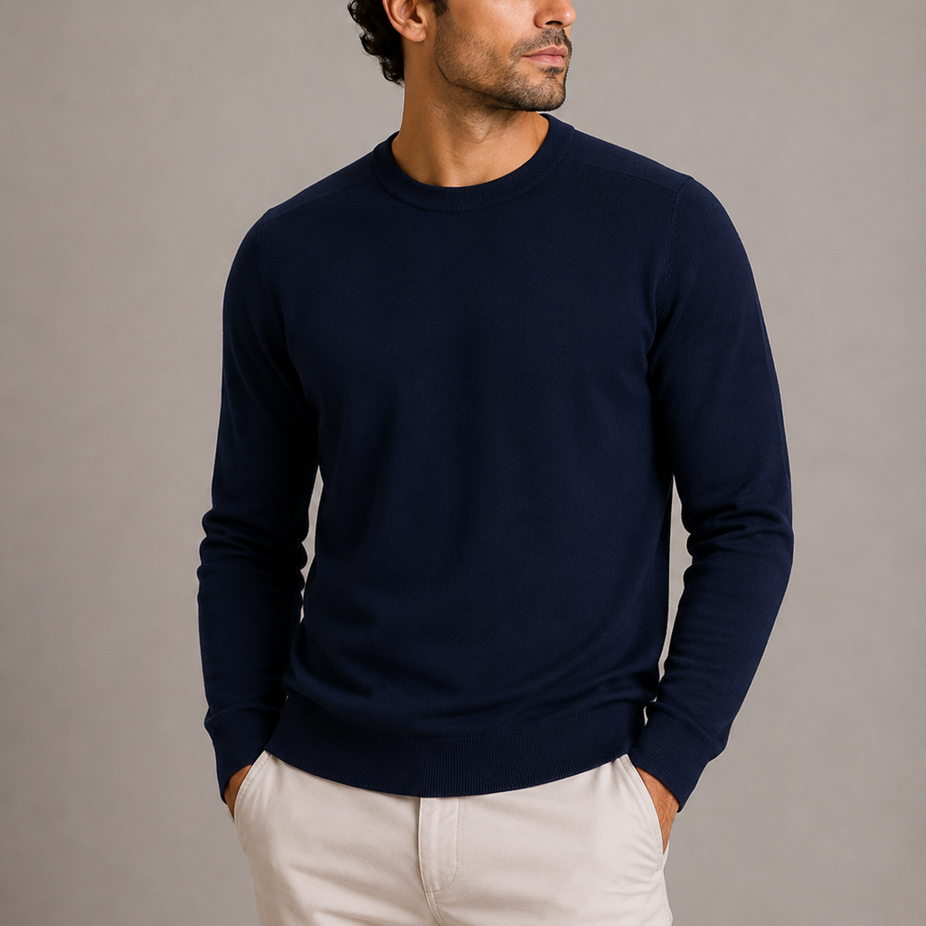 Men's Crew Neck Fine Knit Sweater - Ribbed Cuffs Jumper