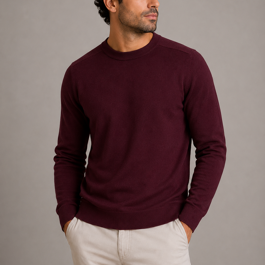 Men's Crew Neck Fine Knit Sweater - Ribbed Cuffs Jumper