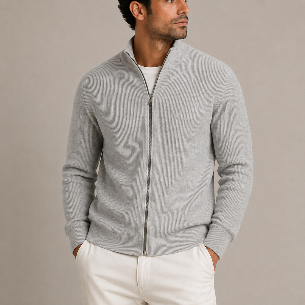 Men's Ribbed Zip Cardigan – Knitted Full-Zip Sweater with Stand Collar