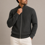 Men's Ribbed Zip Cardigan – Knitted Full-Zip Sweater with Stand Collar