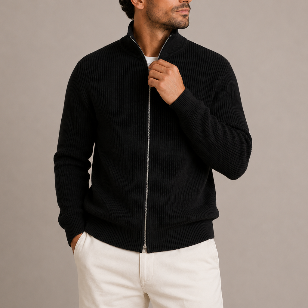Men's Ribbed Zip Cardigan – Knitted Full-Zip Sweater with Stand Collar