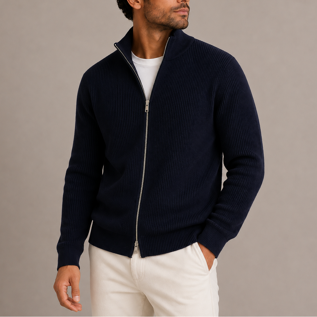 Men's Ribbed Zip Cardigan – Knitted Full-Zip Sweater with Stand Collar
