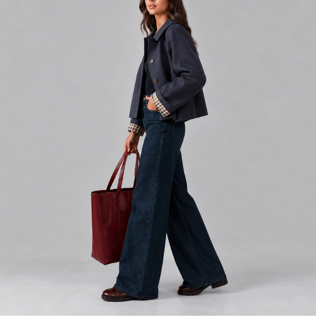 Women's Cropped Trench Jacket with Plaid Lining