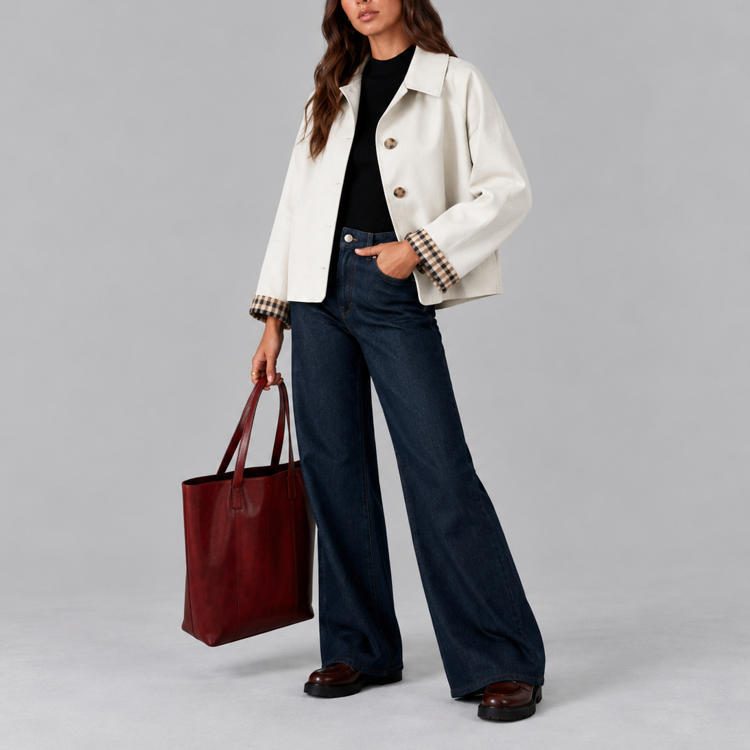 Women's Cropped Trench Jacket with Plaid Lining