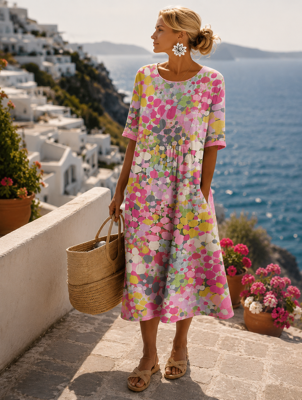 Women's Floral Midi Dress - Short Sleeve Flowy Summer Dress