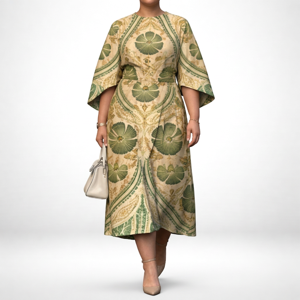 Women's Vintage Floral Midi Dress with Sculpted Waist and Wide Sleeves