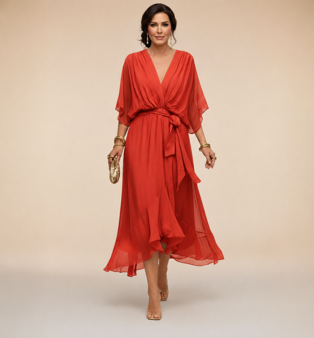 Women's V-Neck Wrap Midi Dress with Tie Waist