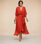 Women's V-Neck Wrap Midi Dress with Tie Waist