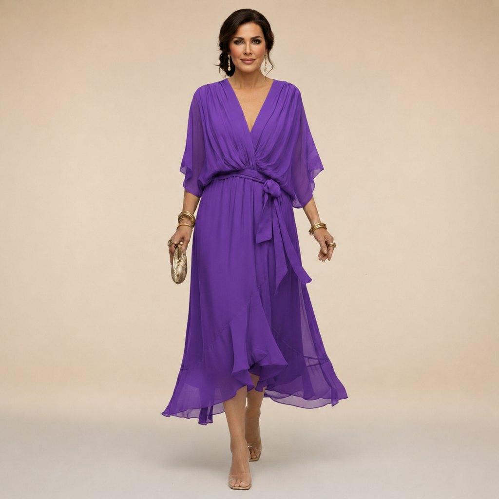 Women's V-Neck Wrap Midi Dress with Tie Waist