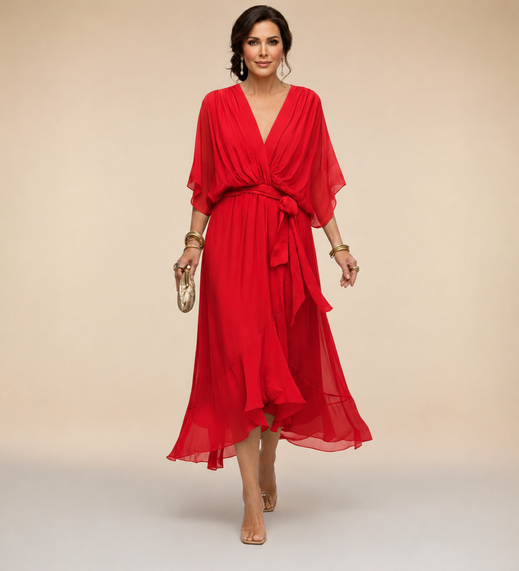 Women's V-Neck Wrap Midi Dress with Tie Waist