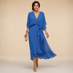 Women's V-Neck Wrap Midi Dress with Tie Waist