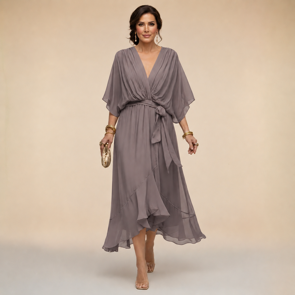 Women's V-Neck Wrap Midi Dress with Tie Waist