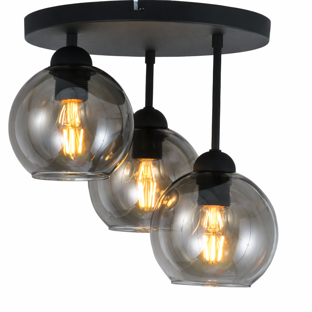 Industrial 3-Light Smoke Glass Globe Ceiling Lamp in Black for Living Room