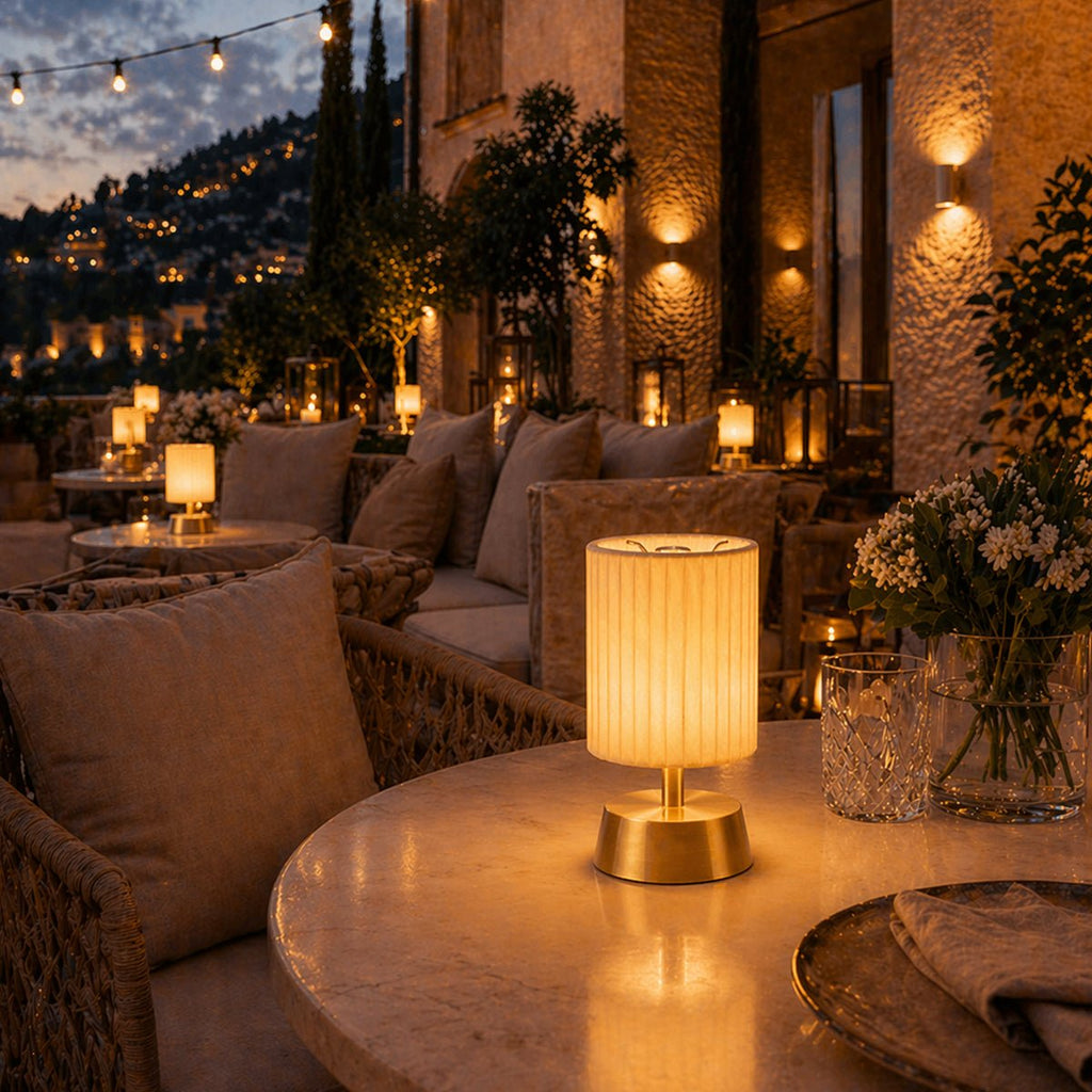 Cleo Rechargeable Cordless Table Lamp - Brass - Ivory Pleated Shade [A]