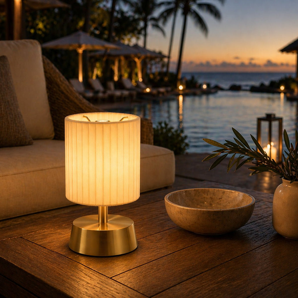 Cleo Rechargeable Cordless Table Lamp - Brass - Ivory Pleated Shade [A]