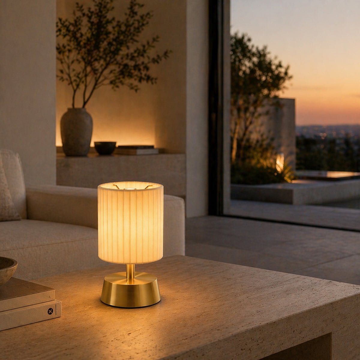 Cleo Rechargeable Cordless Table Lamp - Brass - Ivory Pleated Shade [A]