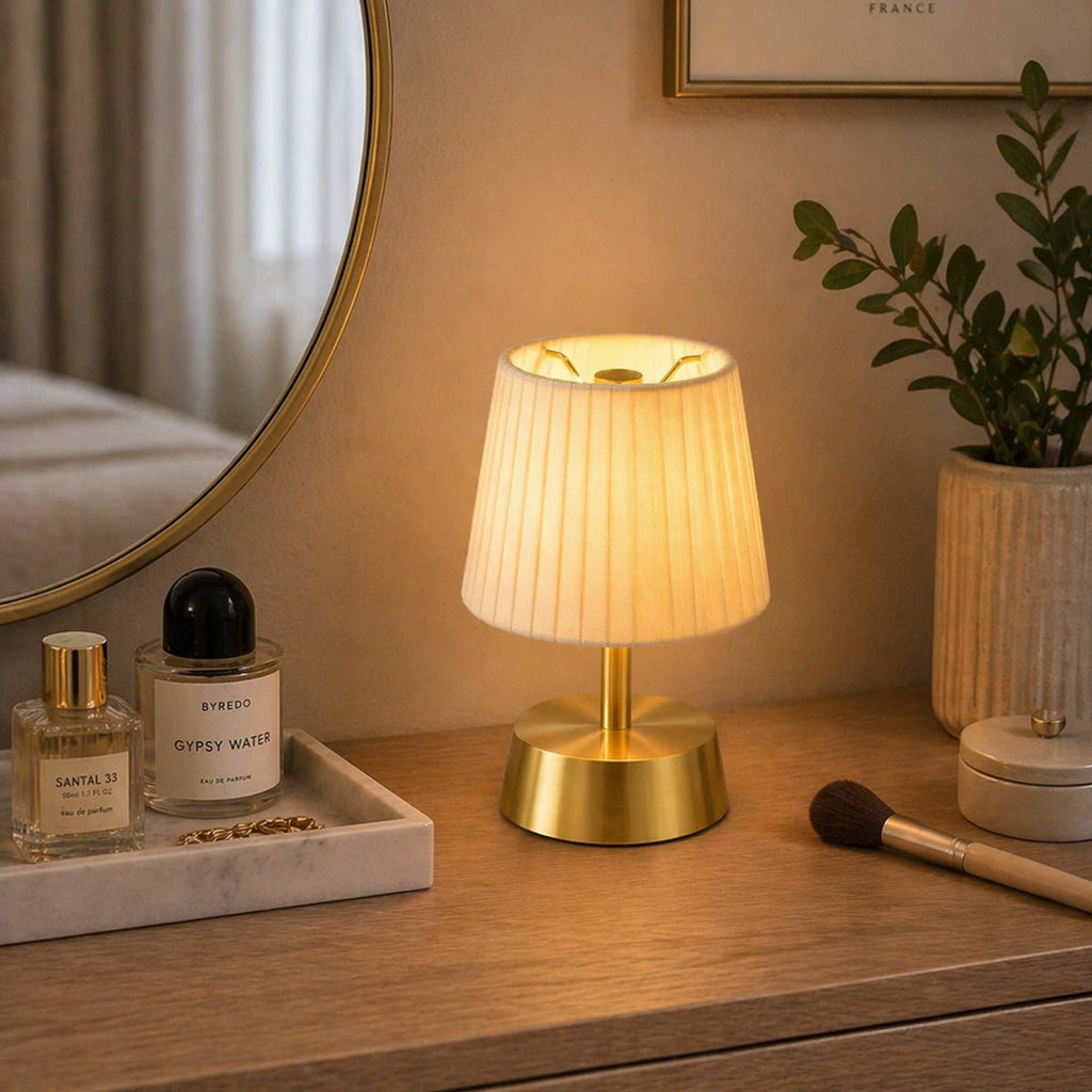 Cleo Rechargeable Cordless Table Lamp - Brass - Ivory Pleated Shade [D]