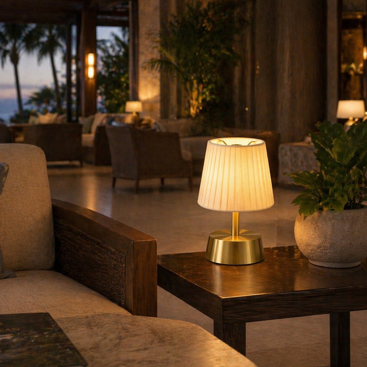 Cleo Rechargeable Cordless Table Lamp - Brass - Ivory Pleated Shade [D]