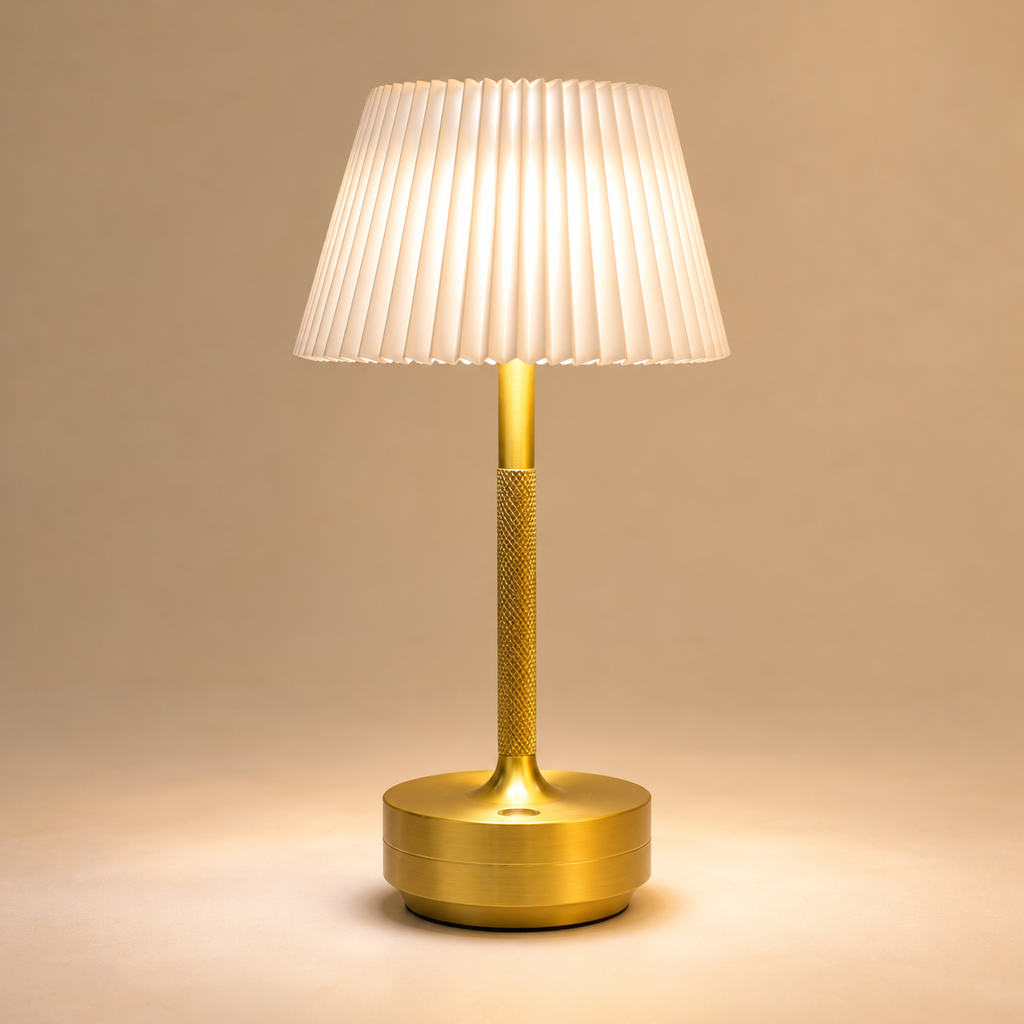 Liberty Rechargeable Cordless Table Lamp - Brass - Ivory Pleated Shade [D]