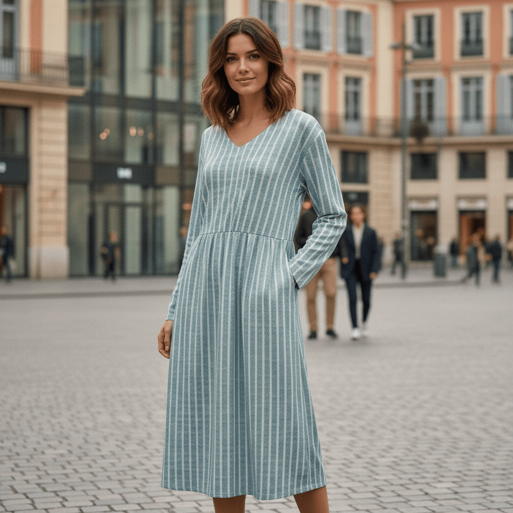 Women's Striped V-Neck Dress - Breathable Long Sleeve Casual Dress