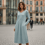 Women's Striped V-Neck Dress - Breathable Long Sleeve Casual Dress