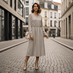 Women's Striped V-Neck Dress - Breathable Long Sleeve Casual Dress