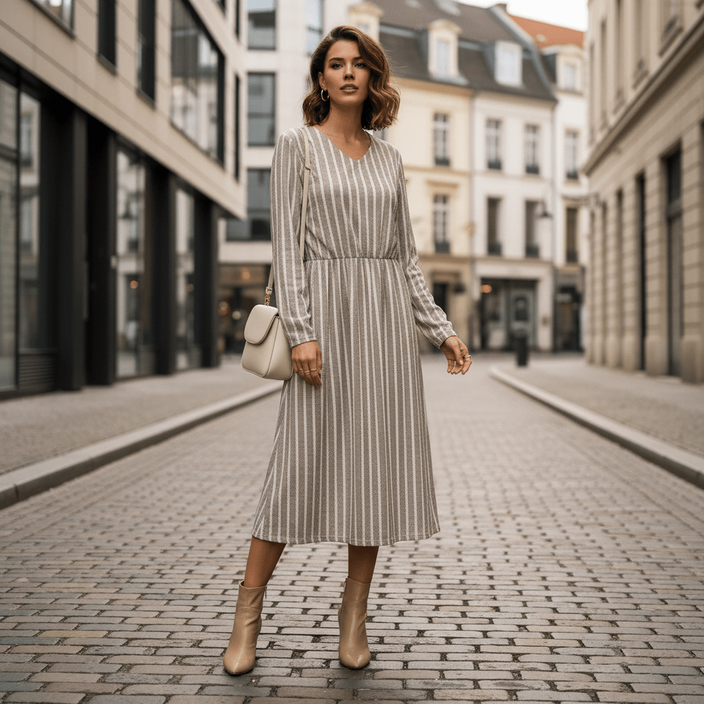 Women's Striped V-Neck Dress - Breathable Long Sleeve Casual Dress