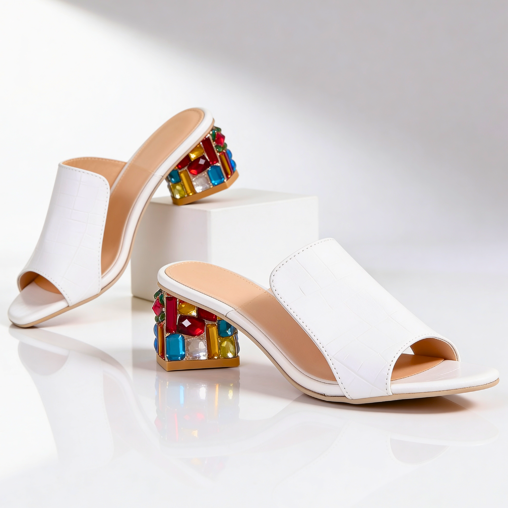 Women's Rhinestone Block Heel Slides - Jeweled Peep-Toe Sandals
