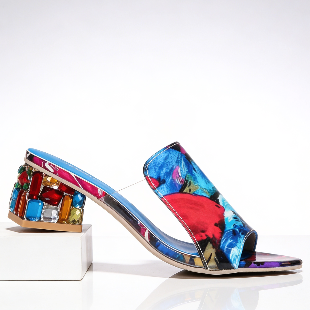 Women's Rhinestone Block Heel Slides - Jeweled Peep-Toe Sandals