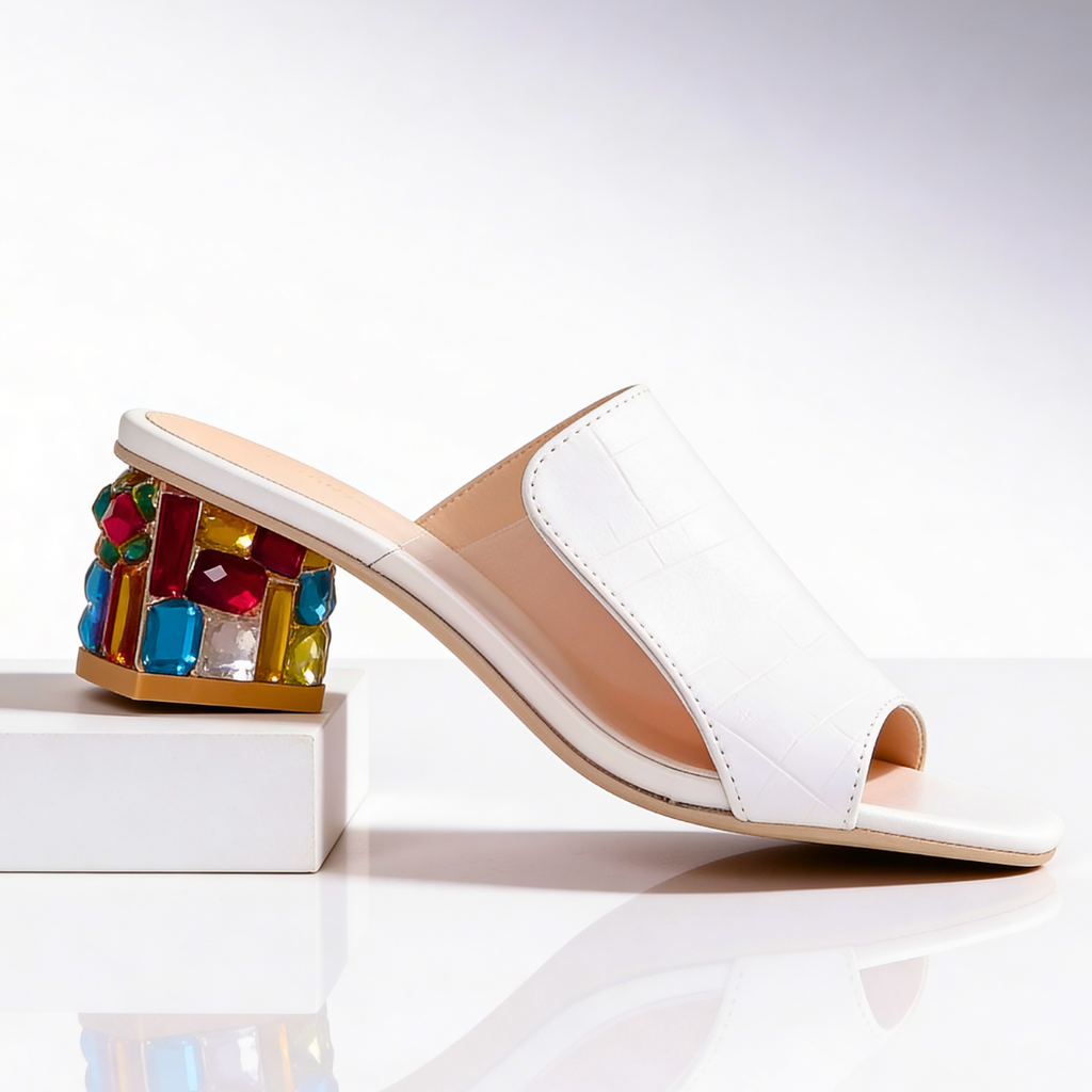 Women's Rhinestone Block Heel Slides - Jeweled Peep-Toe Sandals