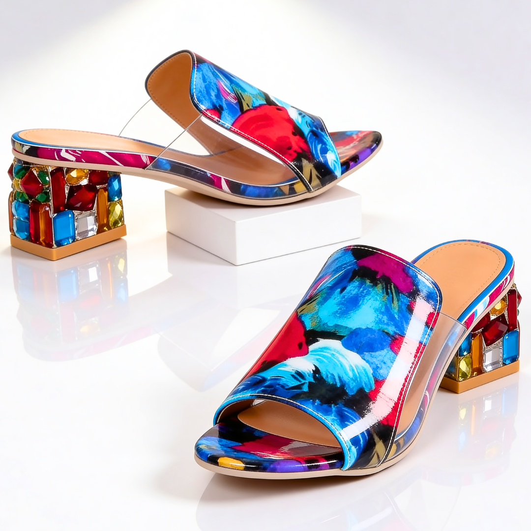 Women's Rhinestone Block Heel Slides - Jeweled Peep-Toe Sandals