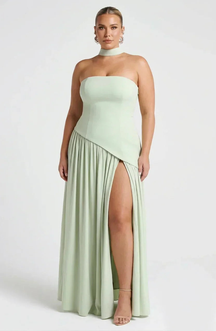 Women's Maxi Dress - Strapless Colorblock Style with High Side Slit
