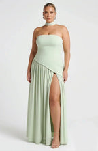 Women's Maxi Dress - Strapless Colorblock Style with High Side Slit