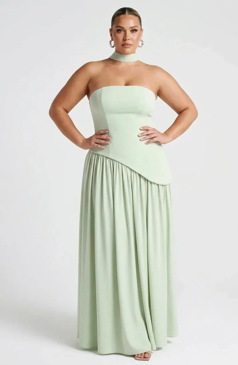 Women's Maxi Dress - Strapless Colorblock Style with High Side Slit