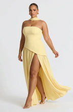 Women's Maxi Dress - Strapless Colorblock Style with High Side Slit