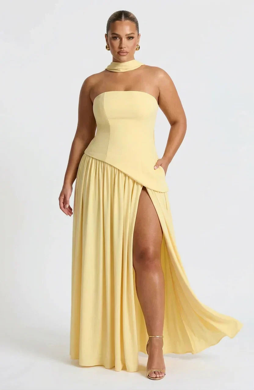 Women's Maxi Dress - Strapless Colorblock Style with High Side Slit