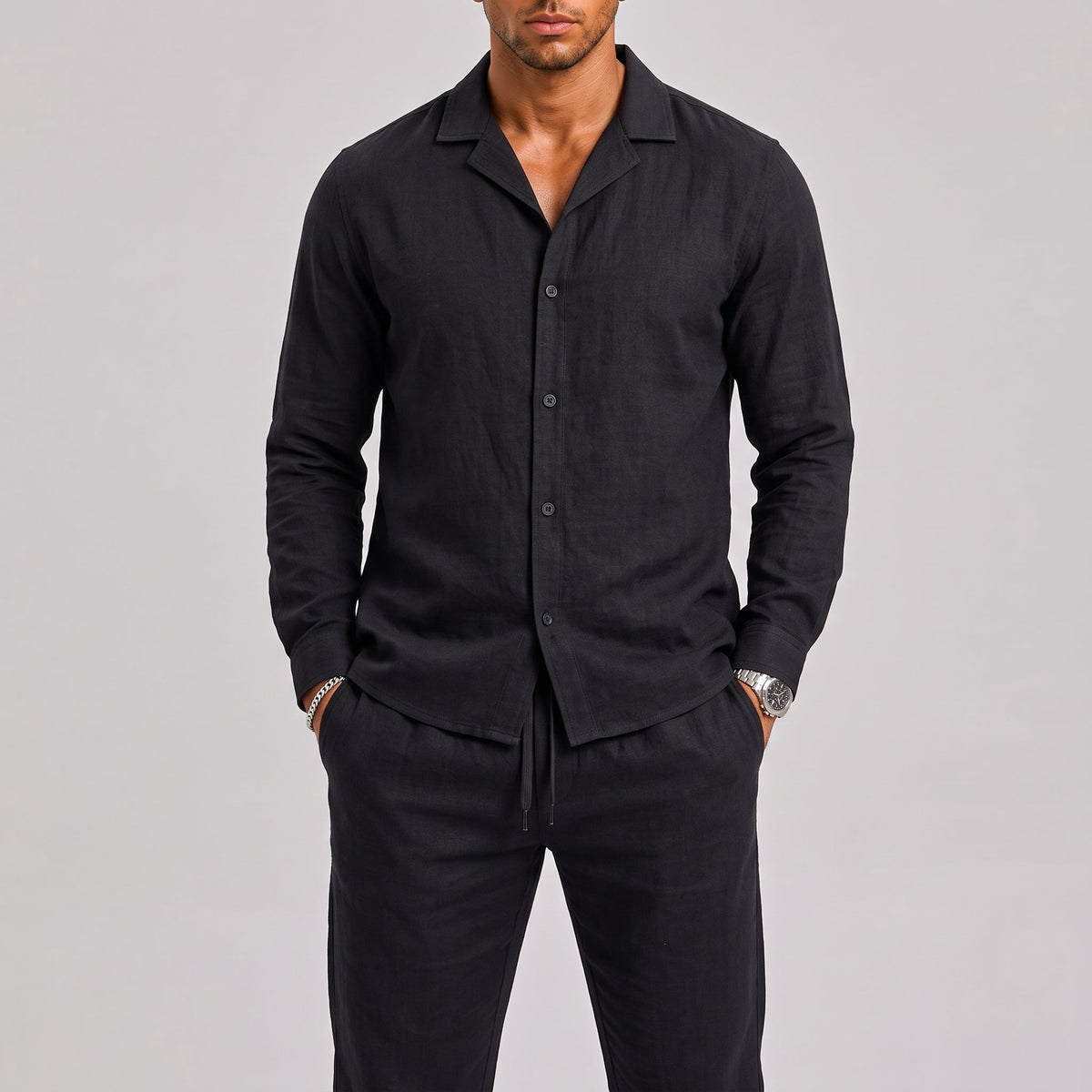 Men's Linen Set with Cuban Collar – Summer Shirt and Trousers