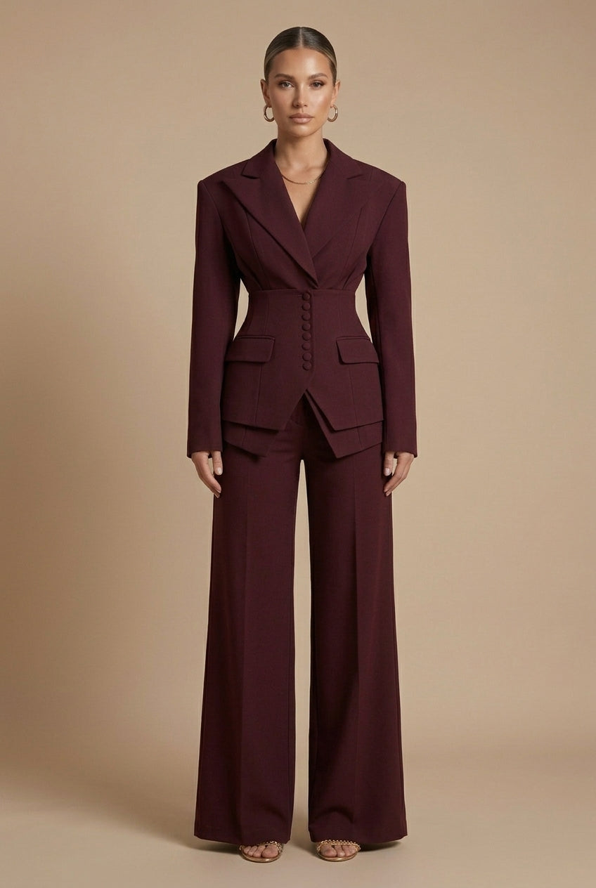 Women's Tailored Two-Piece Suit – Peaked Lapel Blazer & Wide-Leg Trousers