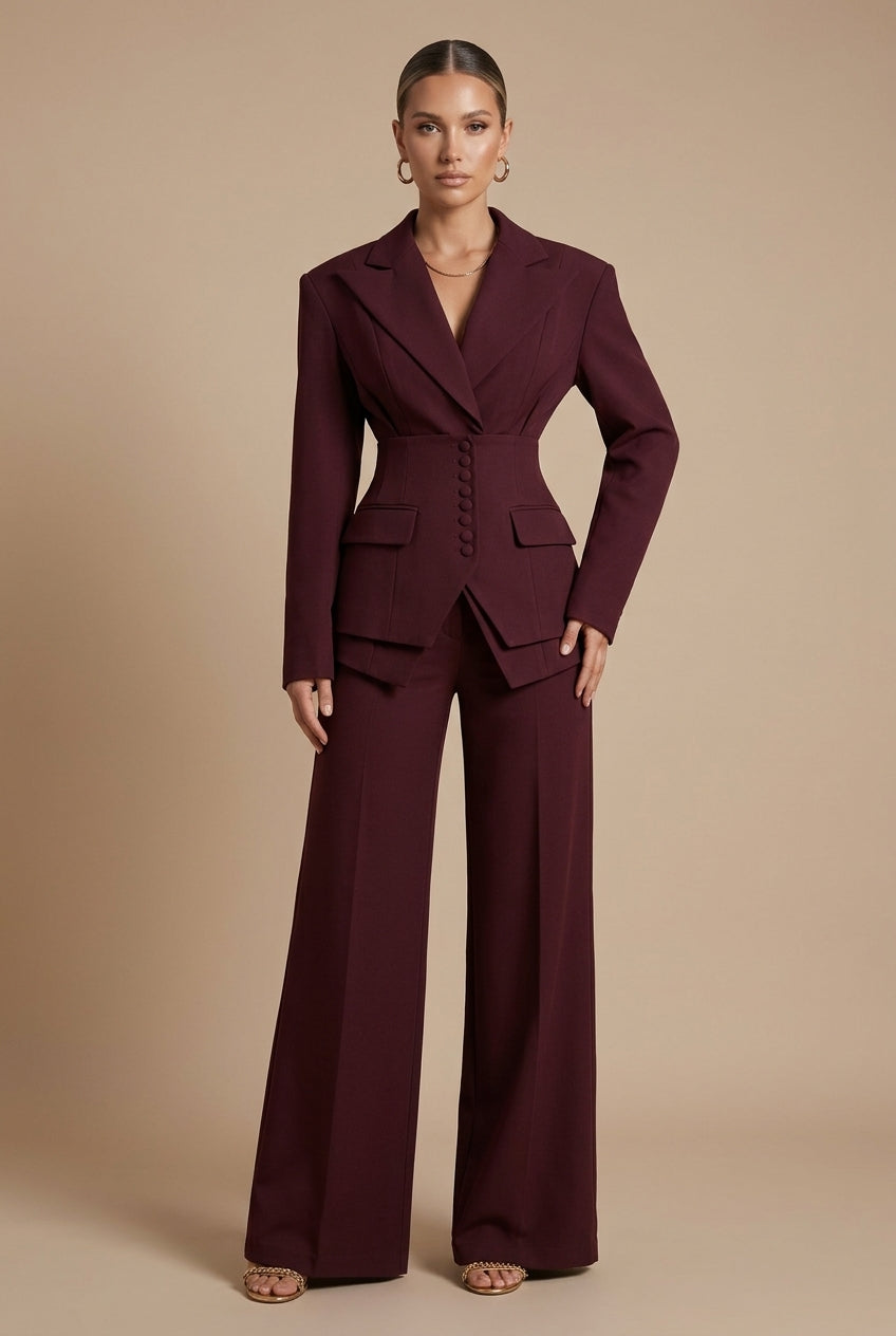 Women's Tailored Two-Piece Suit – Peaked Lapel Blazer & Wide-Leg Trousers